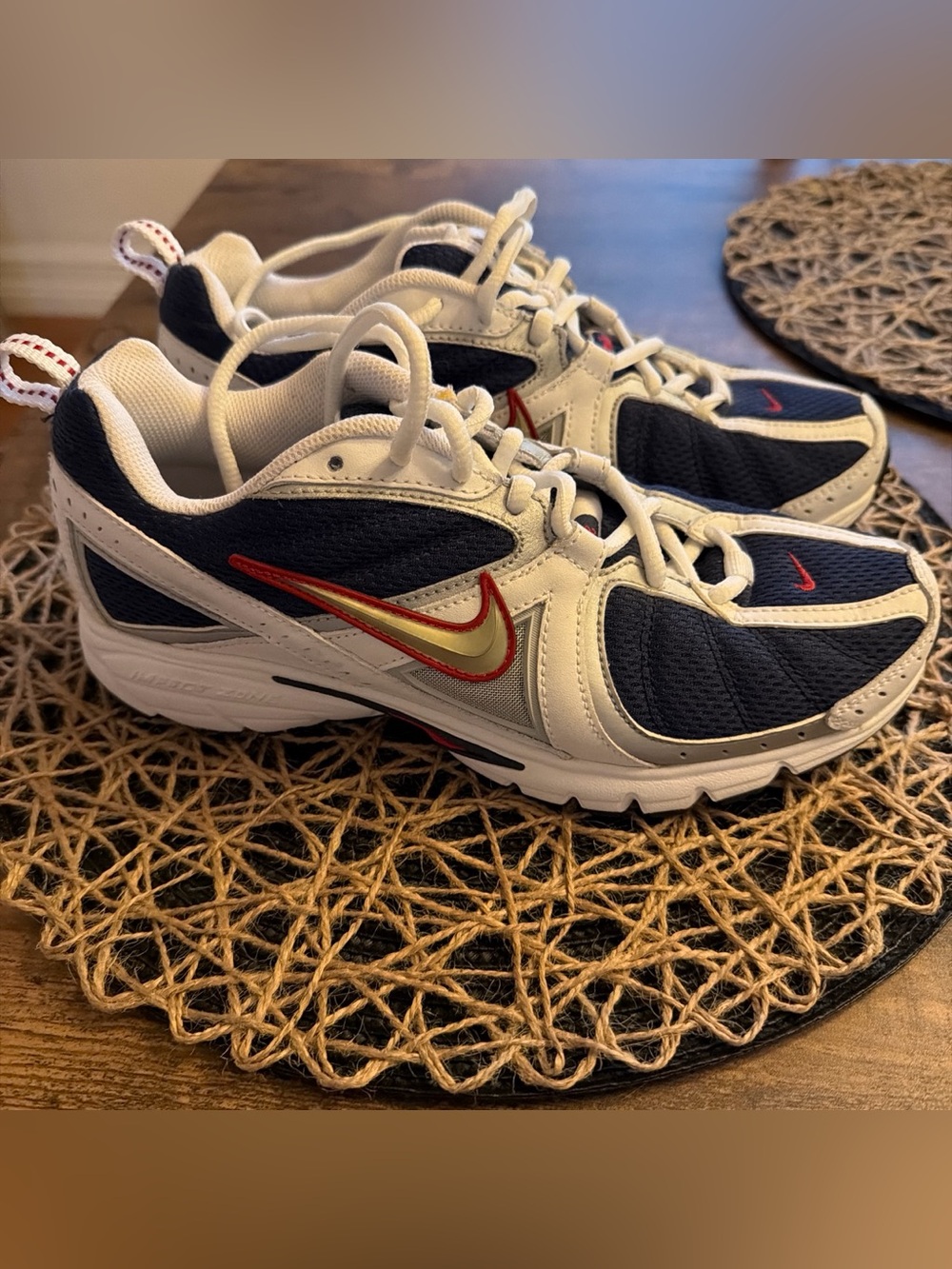 Nike men’s Navy White Sneakers with Red & Gold Swoosh